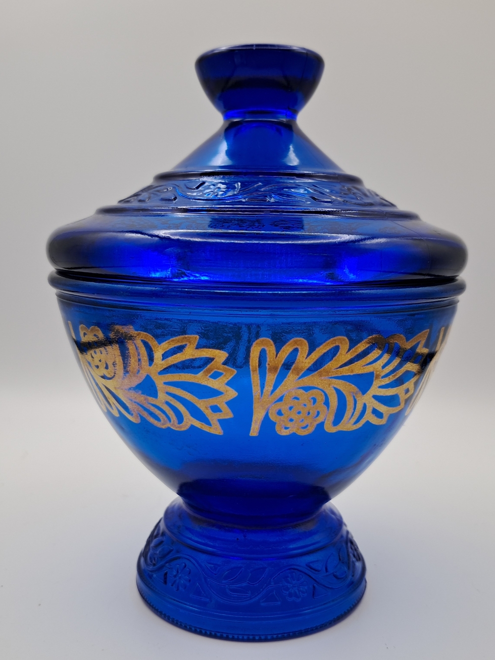 Cobalt Blue Glass Covered Candy Dish with Gold Floral Accent